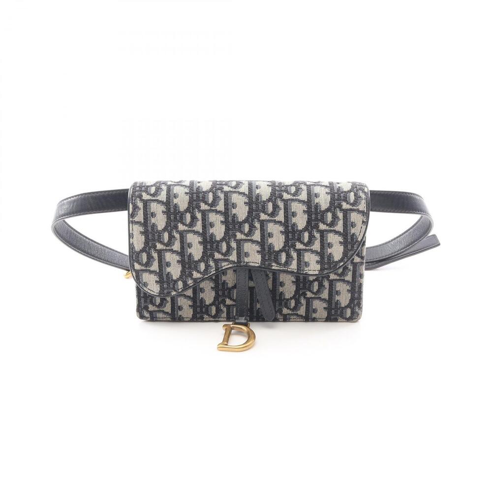 Christian Dior SADDLE Oblique Jacquard Waist Bag Body Canvas Leather White Navy